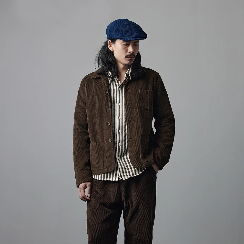 

French Style Jacket Vintage Corduroy Cargo Jacket Lapel Multi Pockets Workwear Jacket Winter Brown Solid Casual Cardigan Coat T