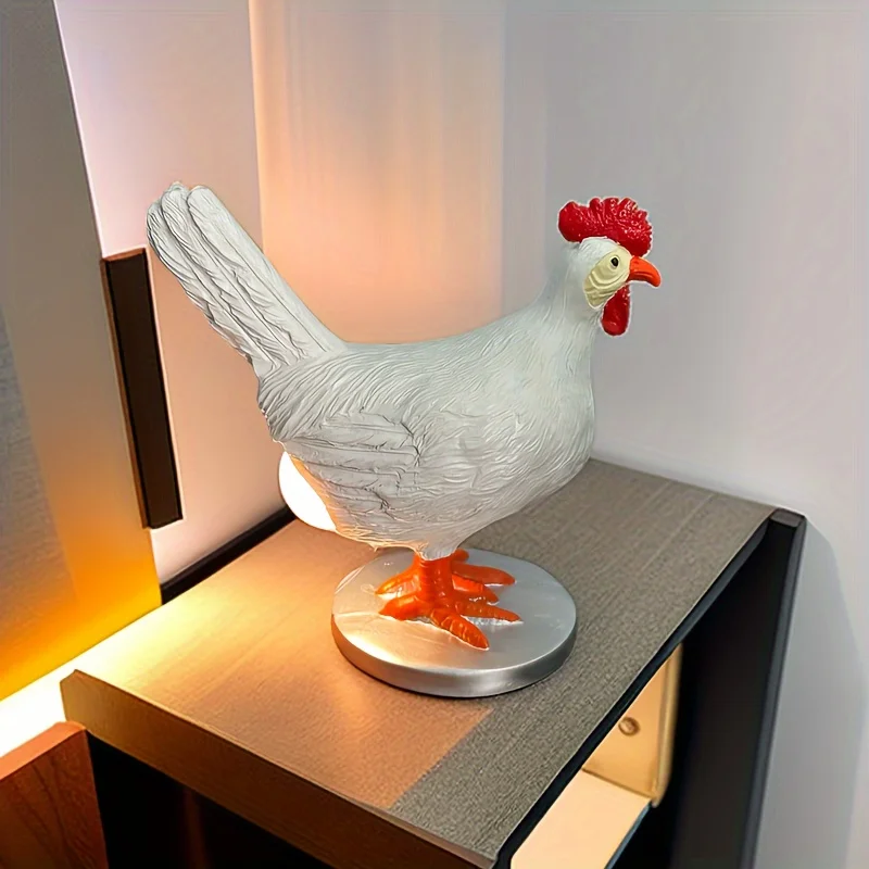 Simulazione White Egg Rooster Night Lamp novità Cute Resin Desktop Ornament Led Home Decoration Party Holiday Gift Light