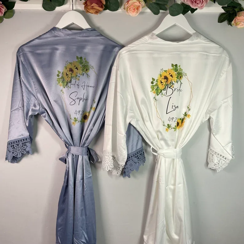 Personalised Sunflower Bride Robe Custom Floral Initial Robe Customized Bride Robe Satin Wedding Bridesmaid Kimono Dressing Gown