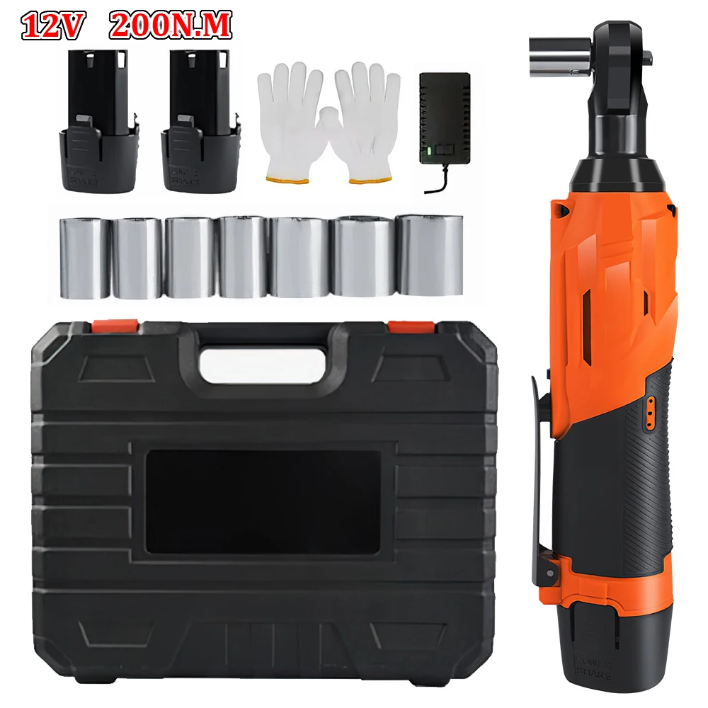 Clé à cliquet électrique sans fil 200 Nm 3/8'' 90 °   Clé à cliquet électrique 12V avec 2 batteries et chargeur + 7 douilles