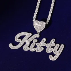 Custom Heart Bail Baguettecz Letter Pendant Necklace Personalized Iced Out Paint Font Nameplate Jewelry Birthday Gifts For Her