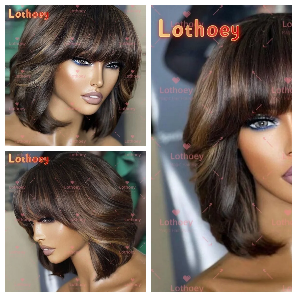 

Brown bangs wig Medium and long short wig Silk base wig Multi-specification optional Human hair Natural luster Natural wig Daily