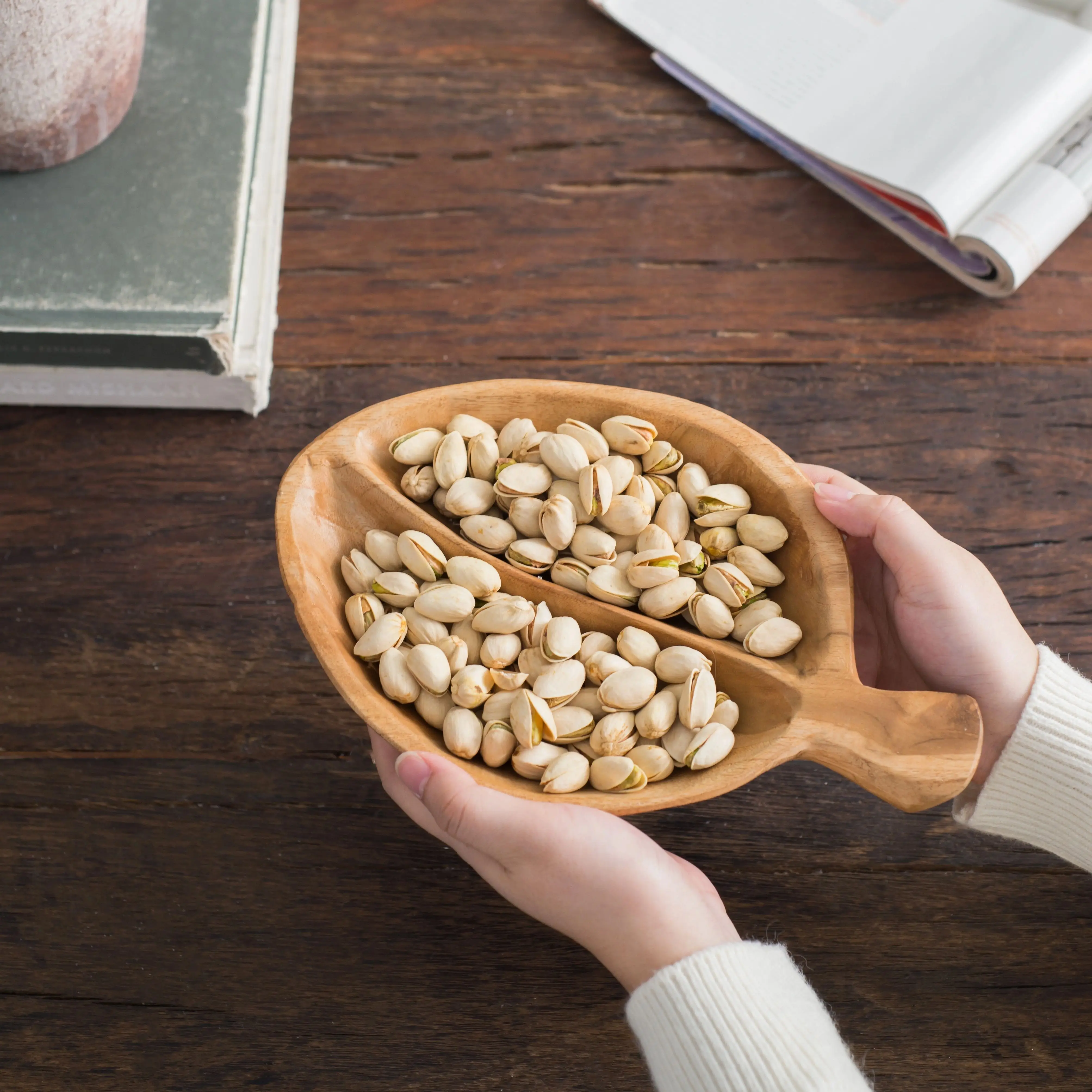 

9.1x5.9x2.8" Teak Wood Decorative Bowl with Handle Natural Brown Color