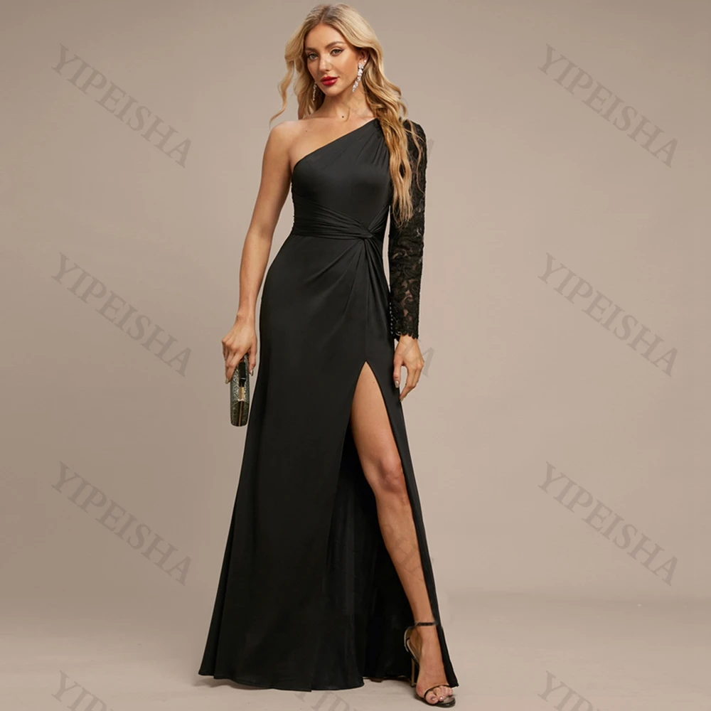 

Black Prom Gown One-Shoulder Side Split Lace Mermaid Formal Evening Dresses Simple Floor-Length Pleat Cocktail Party Dress