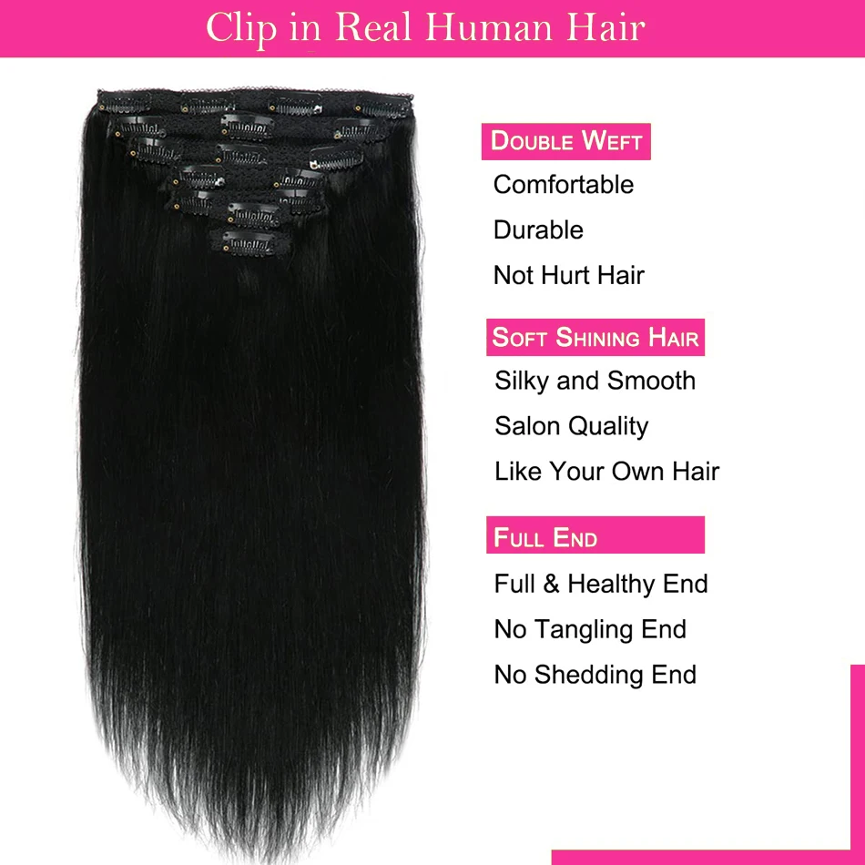 Clip in Hair Extensions Real Human Hair Straight 100% Human Hair Clip in Hair Extensions for Women 10-26 Inch 240G