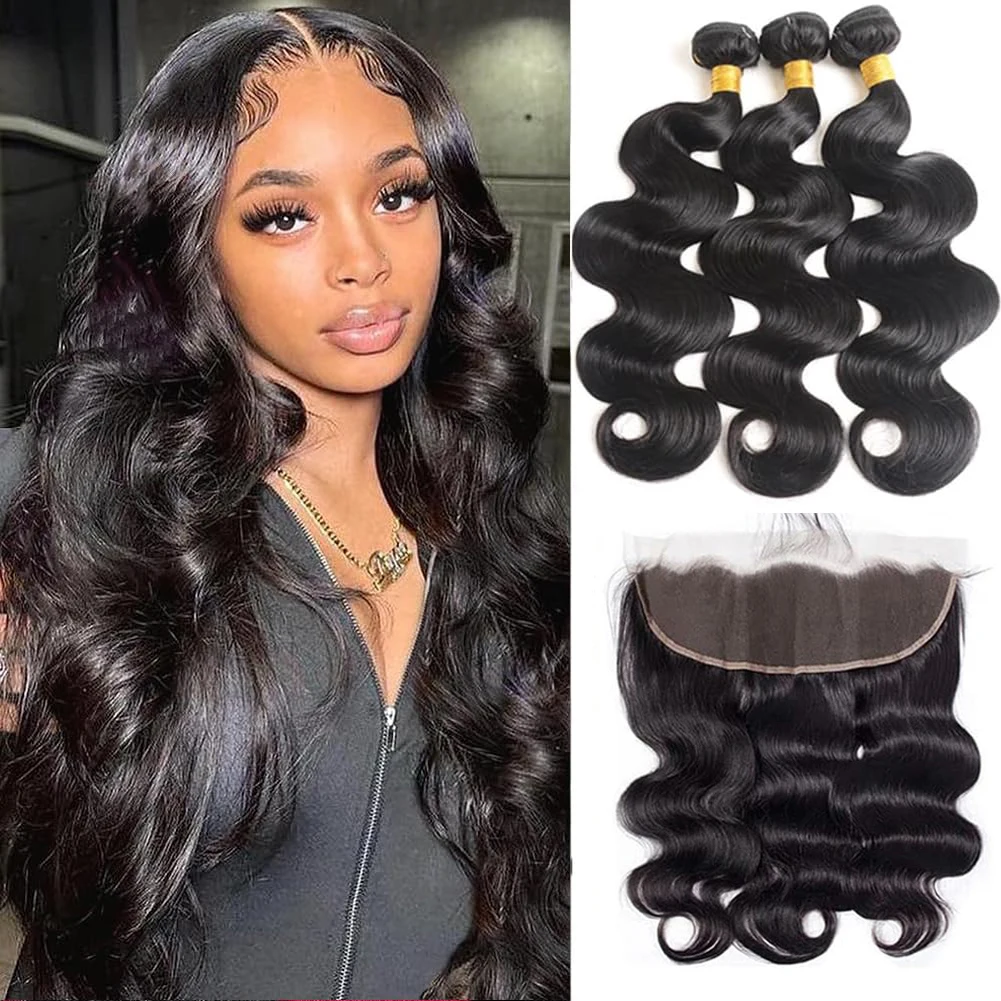 Body Wave 3 Bundles with Frontal Human Hair Natural Black Color 3 Bundles with 13x4 HD Lace Frontal Brazilian Virgin Human Hair