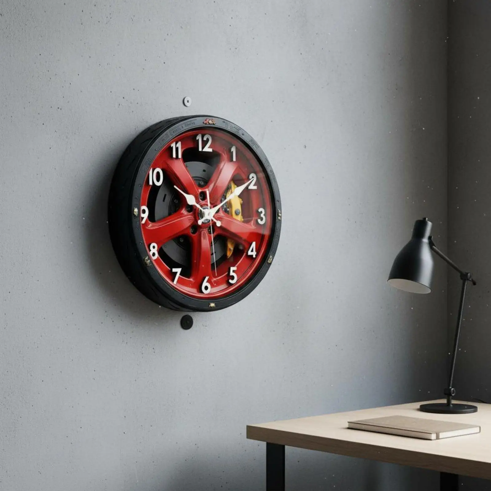 2D Car Wheel Hub Wall Clock Lightweight Silent Hanging Clock Non-Ticking House Wall Decoration for Living Room Bedroom