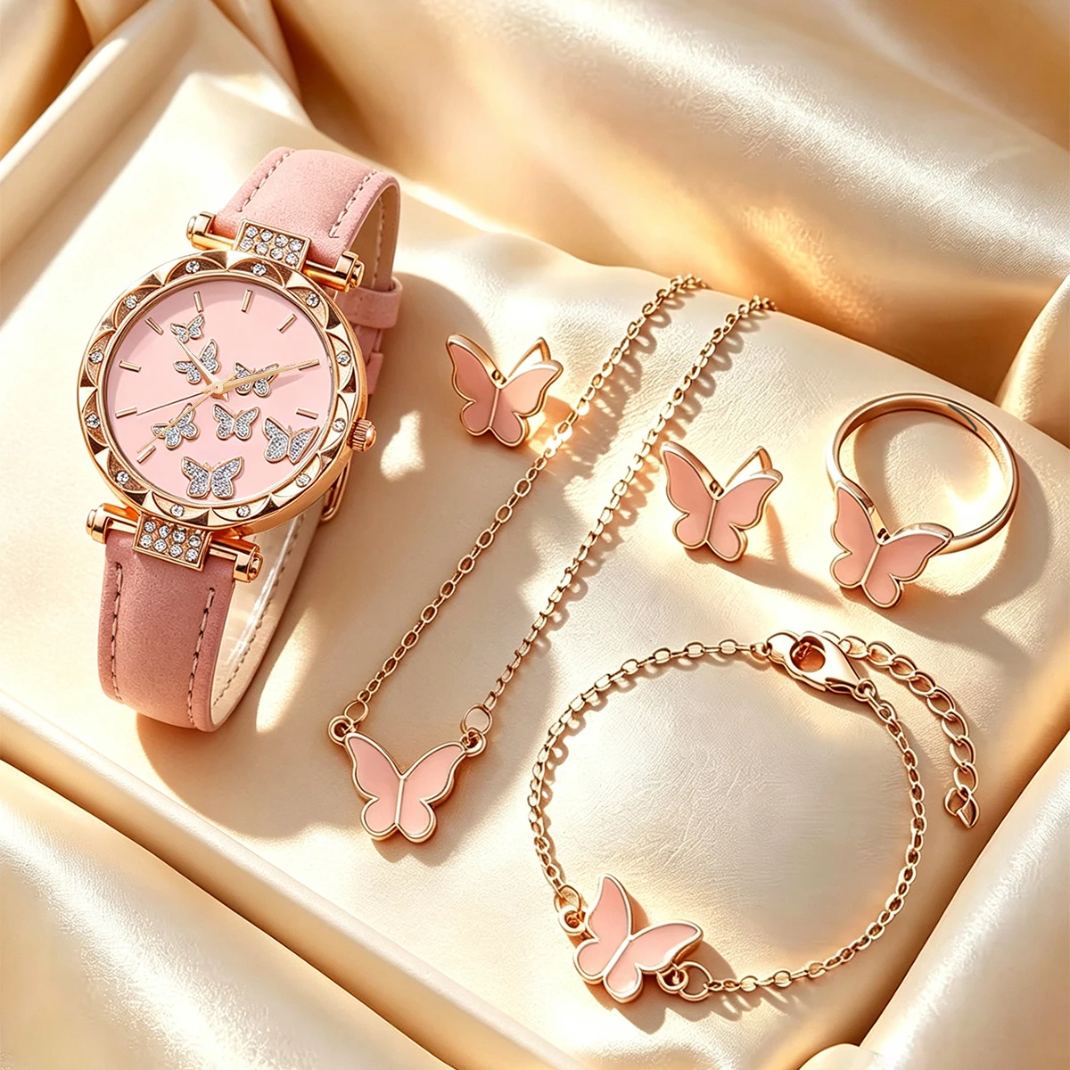6-Piece Casual New Elegant Pink Women's Watch Set, Pink Butterfly Series Accessories, Valentine's Day Gift