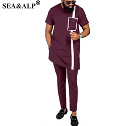 Burgundy Patchwork Tops Design  Men's Sets Shirt With Pant African Fashion Male Groom Suits Wedding Party Ankara Outfits SEA&ALP