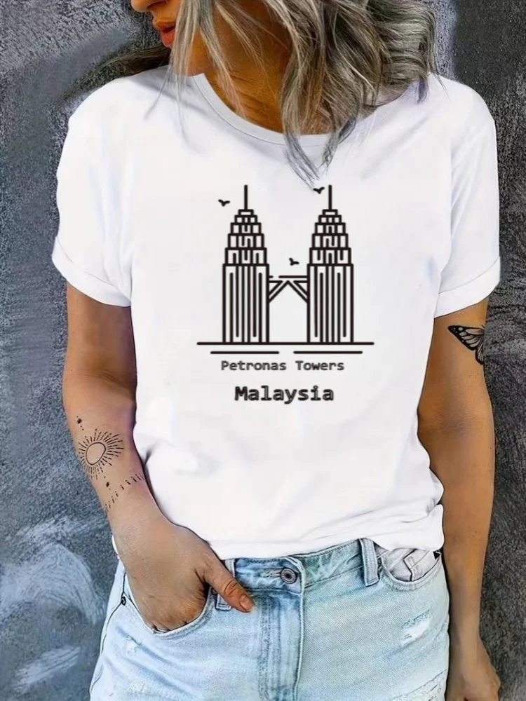 Paris Eiffel Tower Print Crew Neck T-Shirt Women Cotton Plus Size Tshirts Hip Hop Breathable Streetwear Soft Casual Short Sleeve