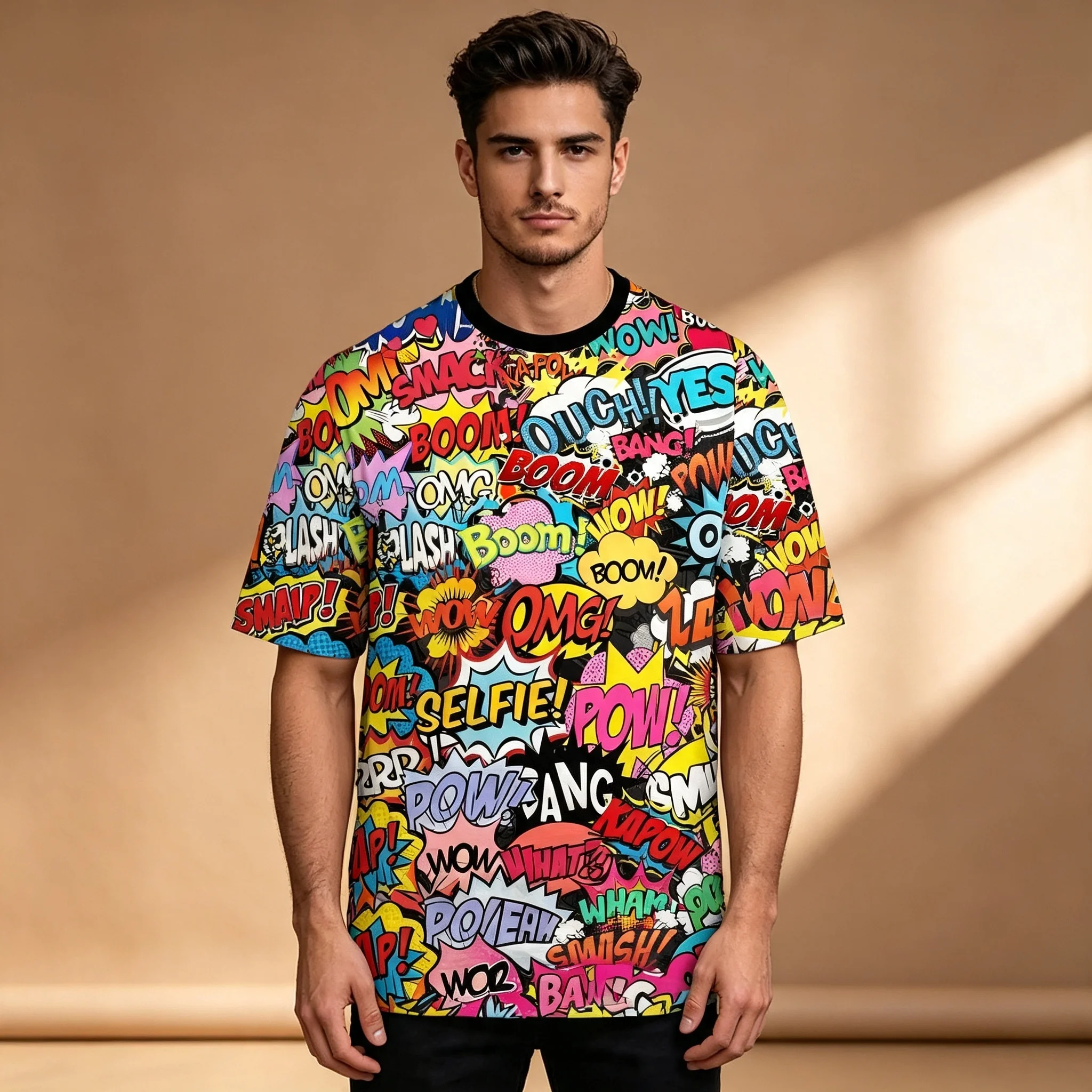 Cartoon Pop Comic Boom OMG Word Bubble Graphic Tee Men All Over Print Short Sleeve Hip Hop Casual T Shirt