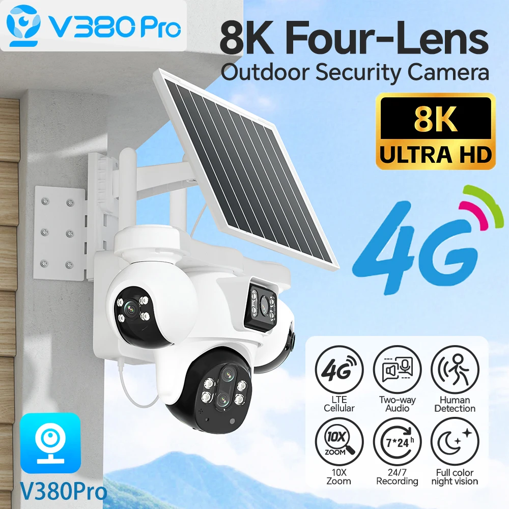 V380 PRO 4-Linsen 4-View 4G LTE Solar-PTZ-Kamera 10-fach Zoom IP65 Wasserdicht Zwei-Wege-Audio Farbnachtsicht Outdoor-Heimsicherheitskamera