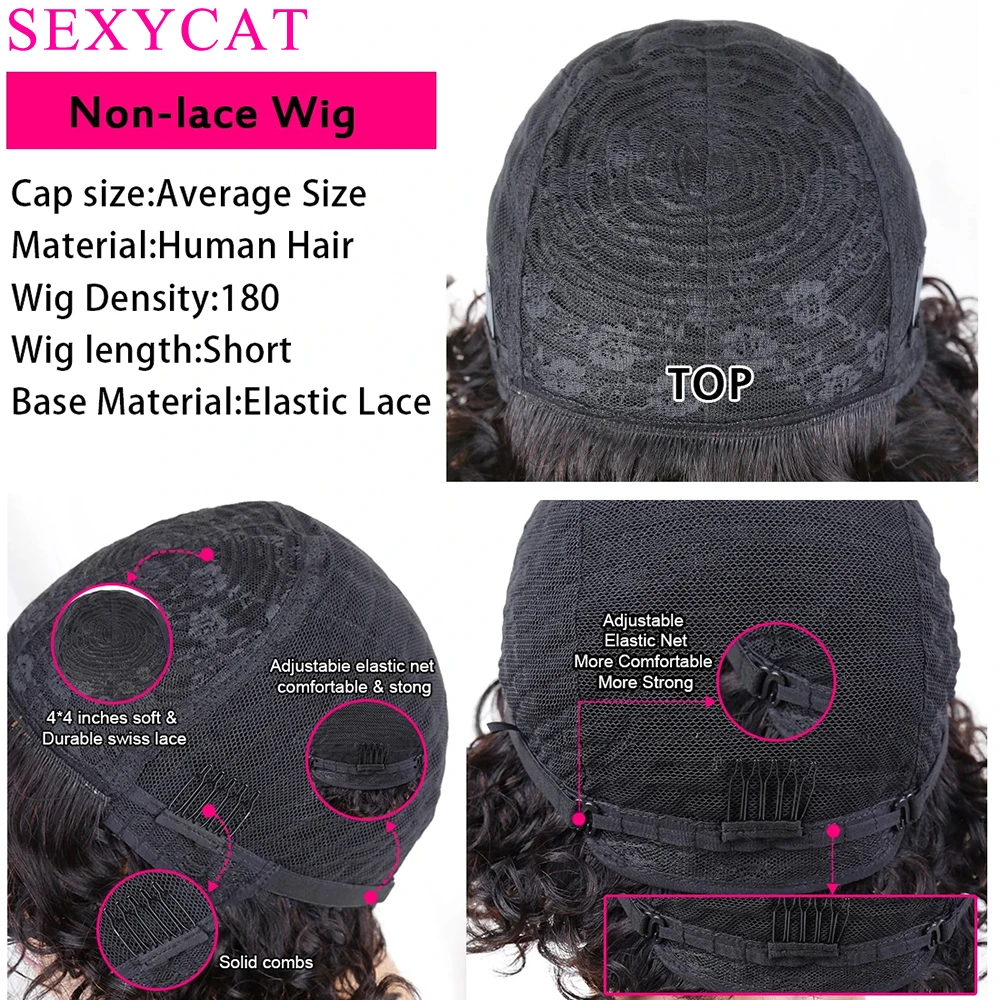 Sexycat-Borgonha Pixie Cortar Perucas para Mulheres Negras, Bob Peruano, Perucas Curtas de Cabelo Humano, Side Bangs, Perucas Onduladas Naturais, 99J