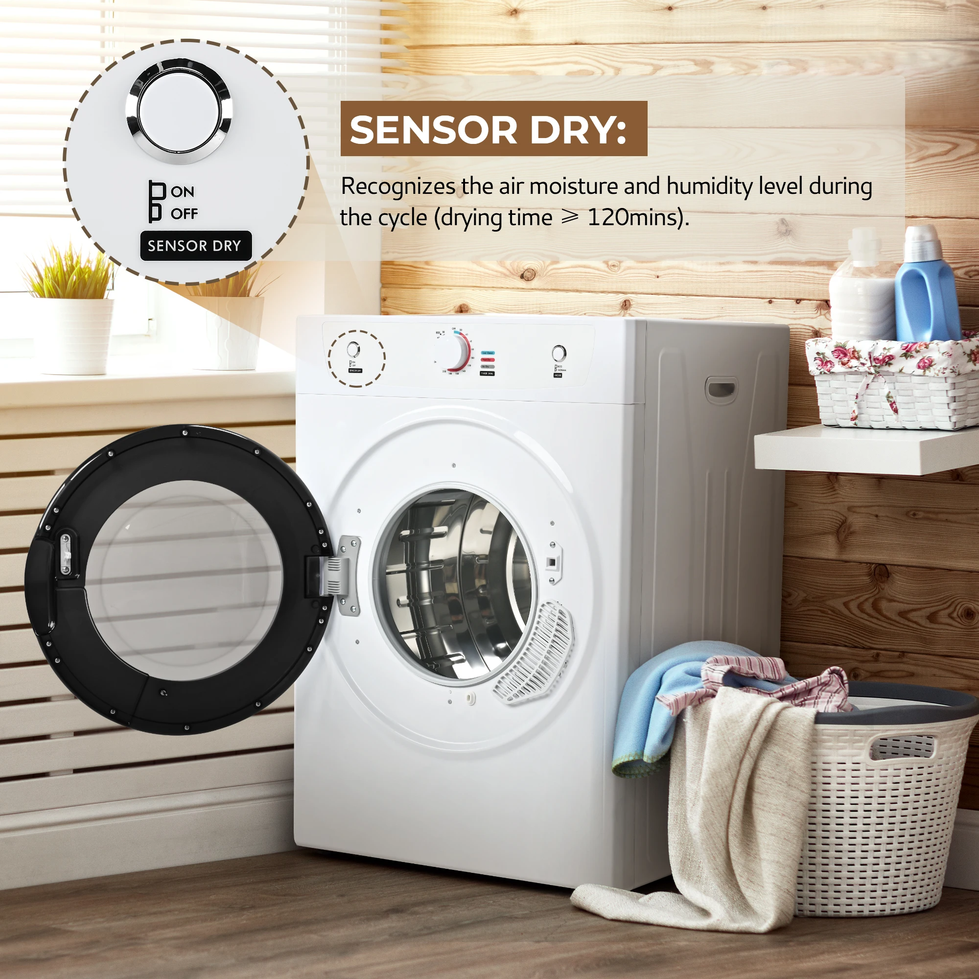 ICYGLEE Clothes Dryer 3.5Cu.Ft. 1500W Portable Dryer Stainless Steel Tumble Dryer with Exhaust Hose for Home Apartment White