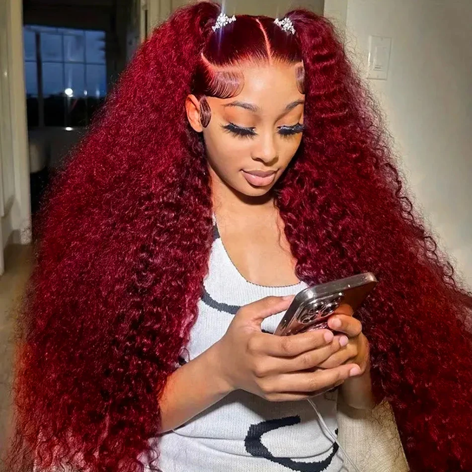 Wholesale Burgundy 30-40 Inch 99J Deep Wave 13x4 Lace Front 13x6 Red Curly Wigs Women High Density Long Length Human Hair Wig