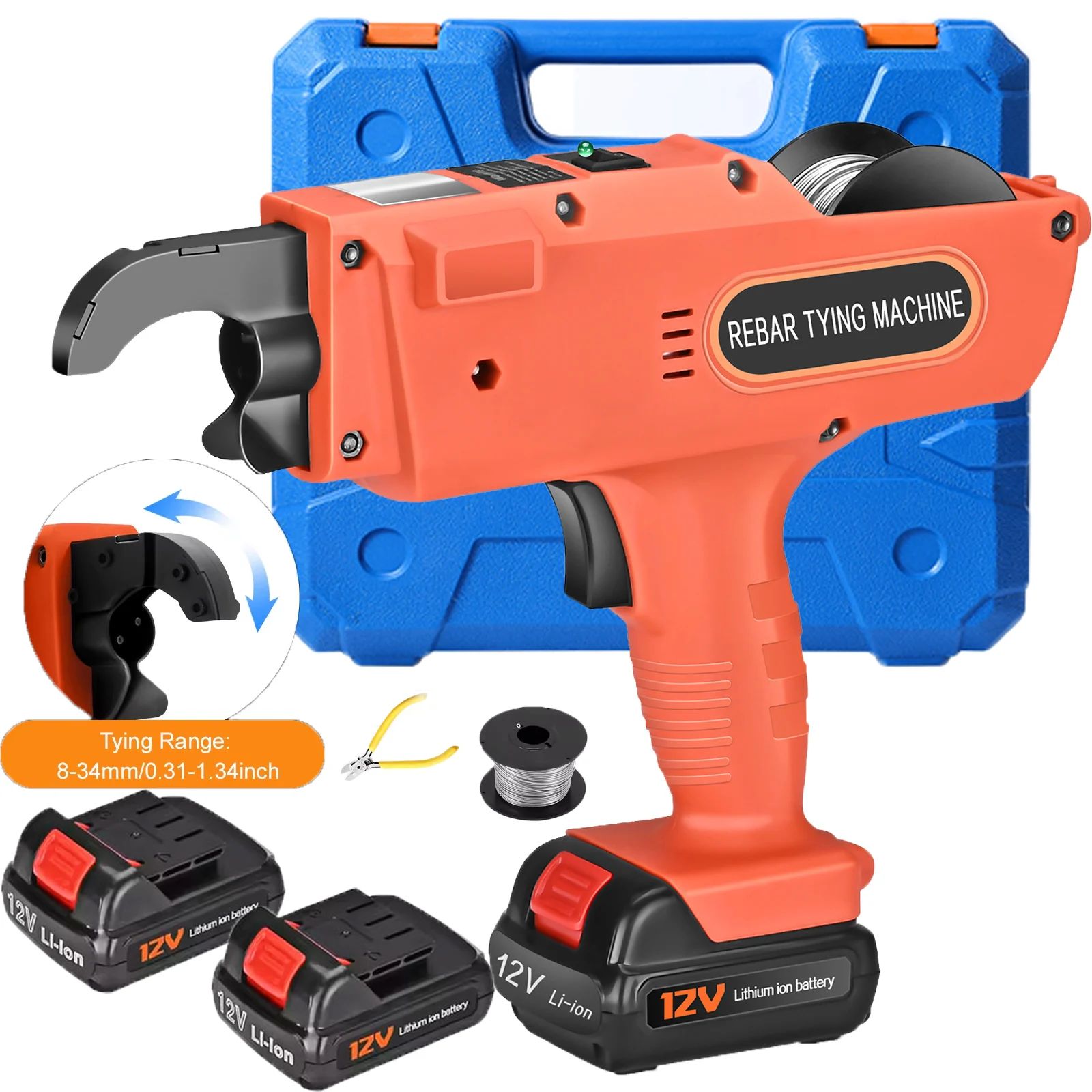 Machine à relier automatique de niveau de barres d'armature de 8mm-34mm, Machine à attacher les barres d'armature électrique portative de 12V, Kit d'outils de pinces à fil avec 2 batteries