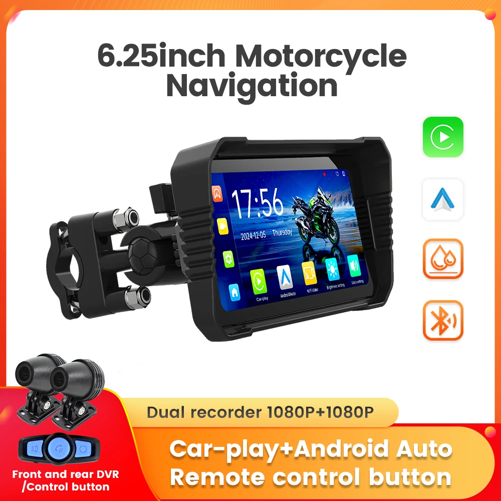 Portable 6.25 Inch Motorcycle GPS Navigation BT Wireless Carplay Android Auto DVR Drive Recorder Moto Monitor IPX67 Waterproof