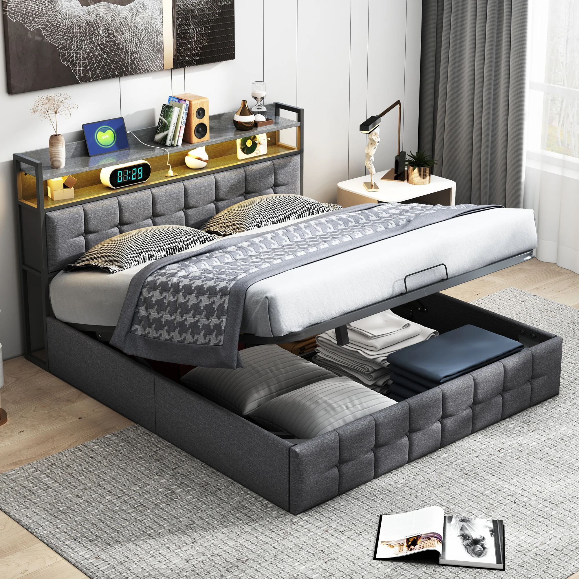 Superaly 140x190cm hydraulisch opbergbed met LED-verlichting en USB-oplaadpoort, gestoffeerd tweepersoonsbed met houten lattenbodem