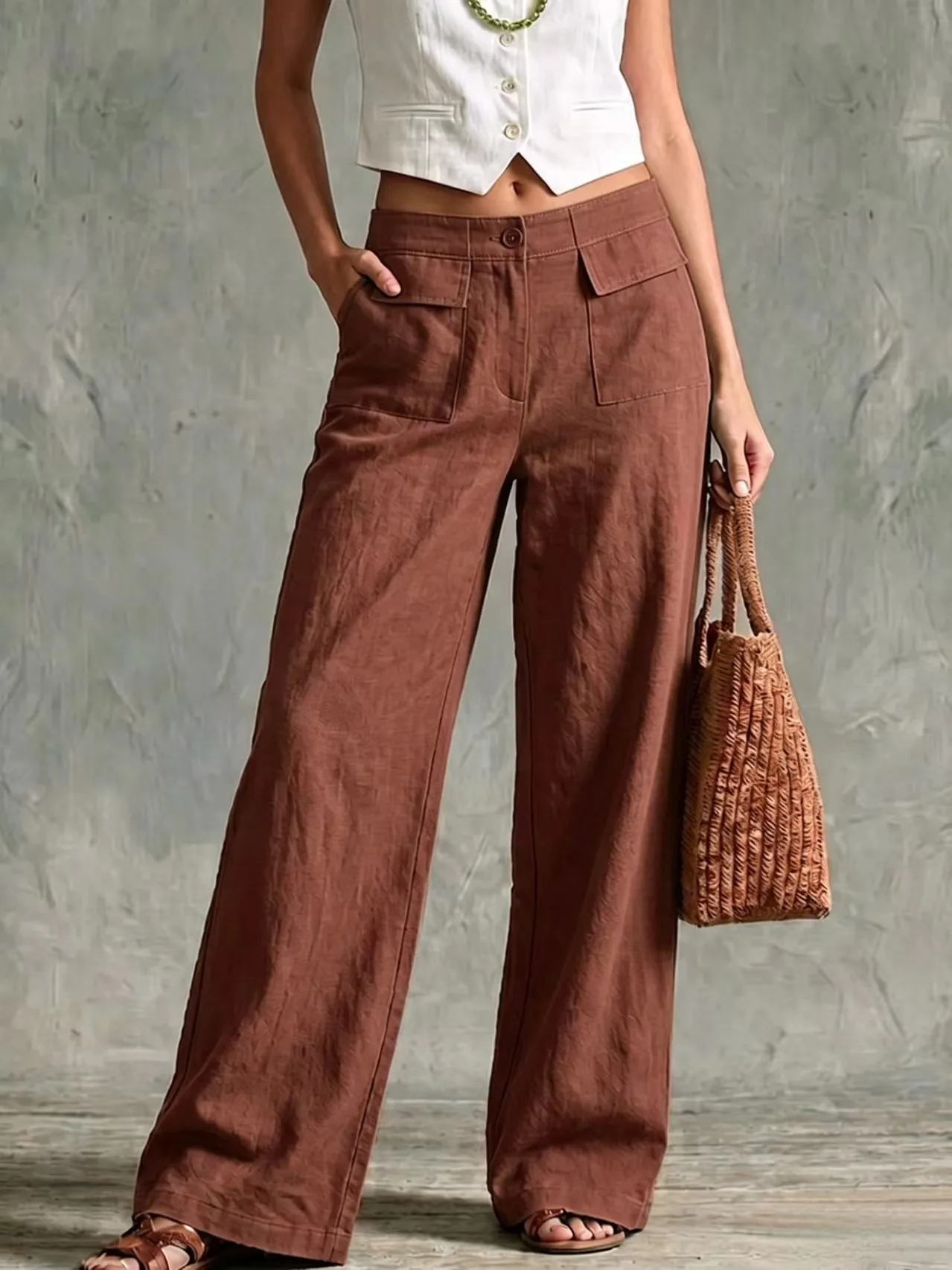 Women Wide Leg Trousers, Elastic Back Waist, Decor Patch Pockets, Loose Draped, Breathable, Essential for Daily Holiday Shopping