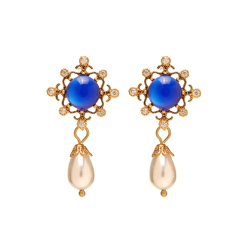 

Fraya Sunflower Blue Gemstone Earrings for Women Pearl Dangles S925 Sterling Silver Pin 18K Gold Plated Elegant Ladies Jewelry