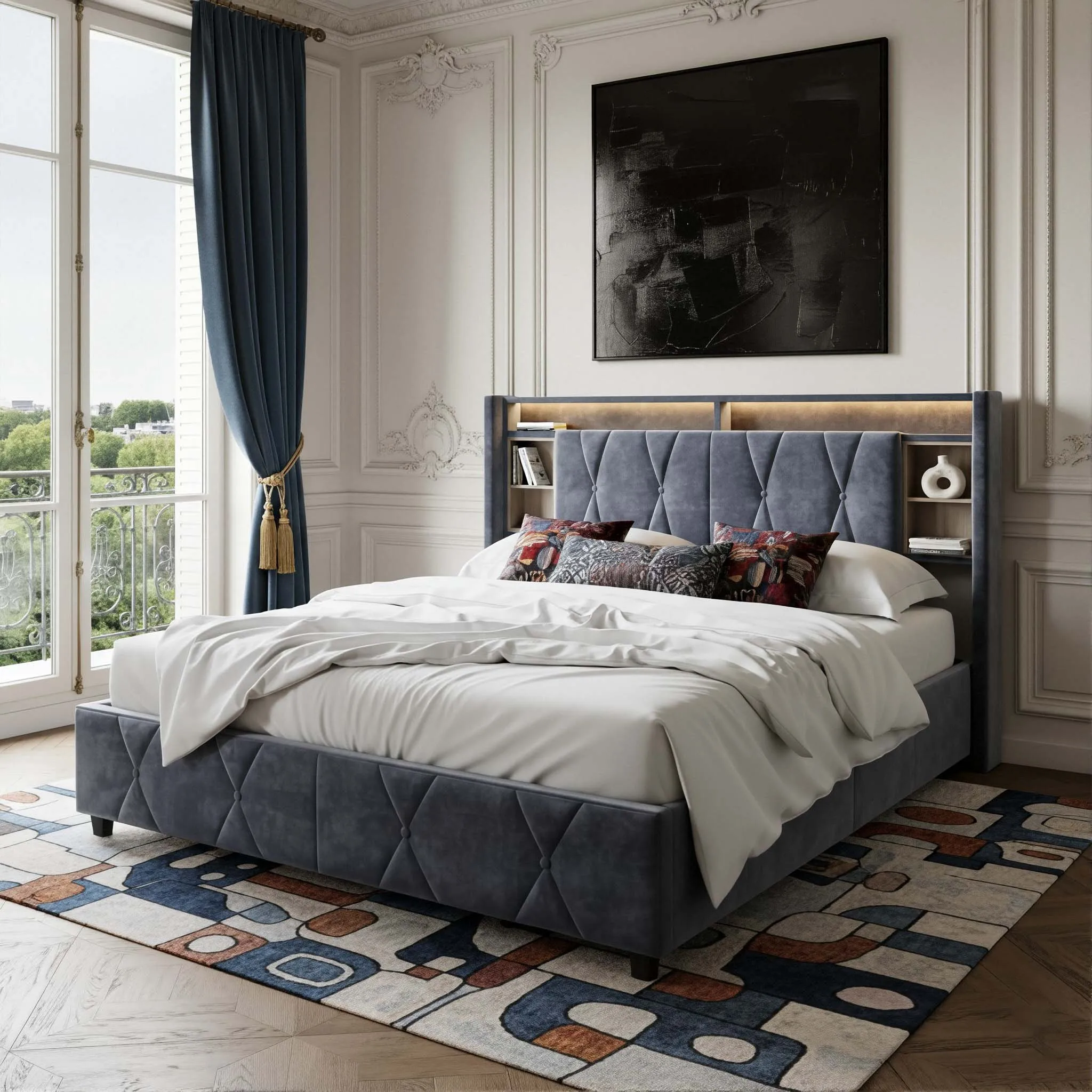 Baule letto idraulico 140x200/160x cm, testiera portaoggetti multifunzione, LED USB, velluto grigio, design moderno