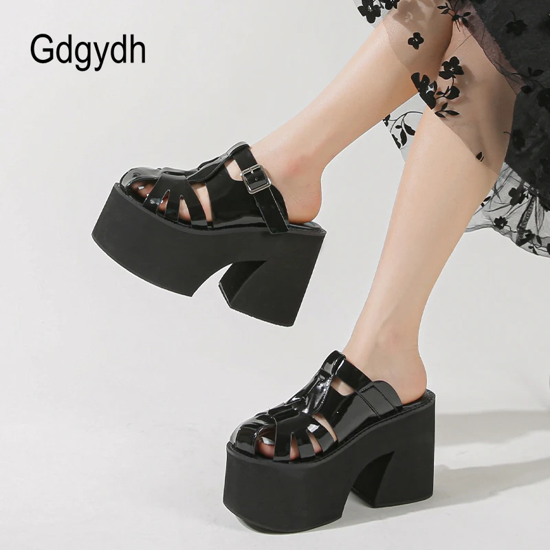 Gdgydh Women Platform Sandals Closed Toe Buckle Decor Solid Color Slip On Chunky Heels Mules Outdoor Non Slip Breathable