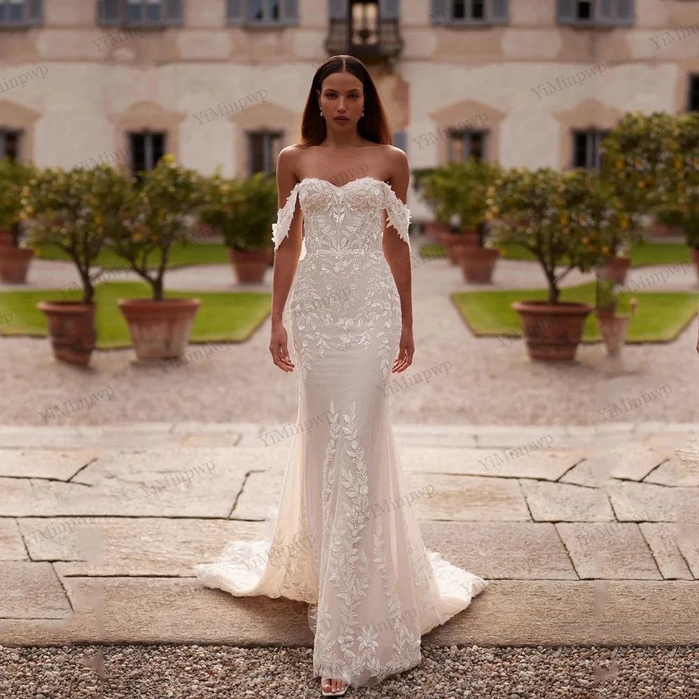 

Customized Luxury 2 In 1 Mermaid Wedding Dress Lace Appliques Beach Bridal Dresses Off Shoulder Party Gown vestidos de novia