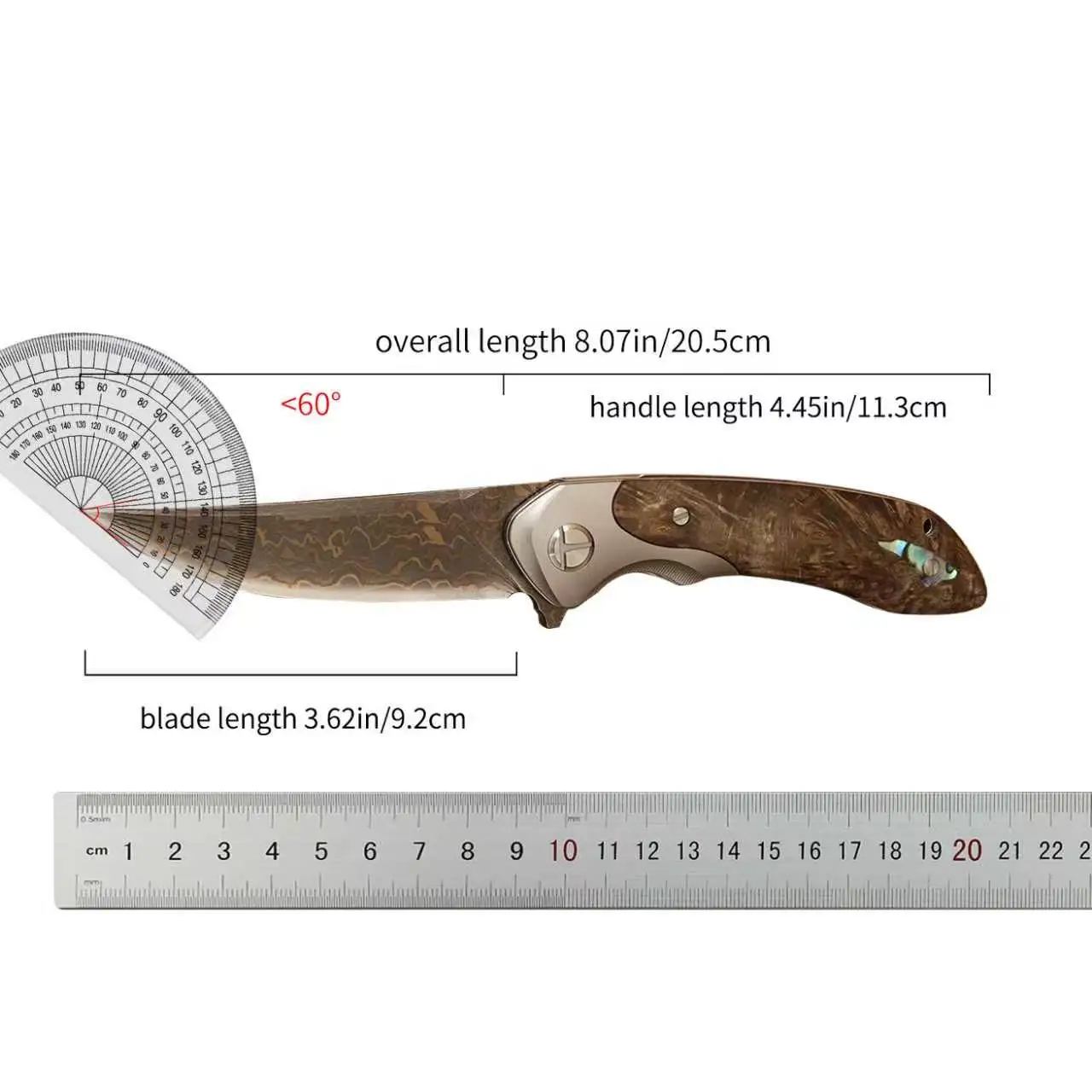Spirit Deed Copper Damascus Steel Folding Knife, VG10 Core EDC, TC4 Titanium Handle, Stabilized Wood, Leather Sheath