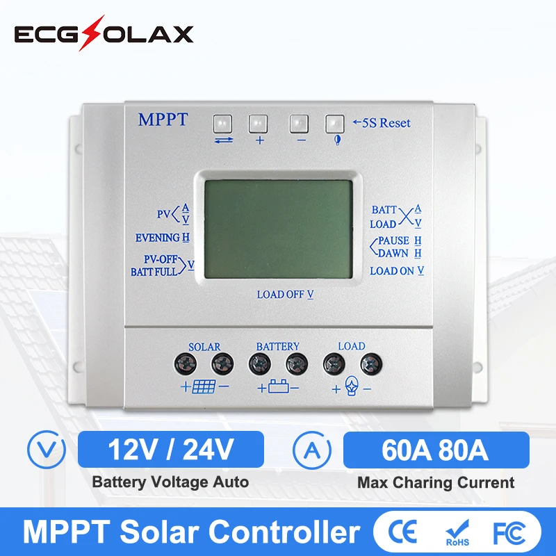 Contrôleur de Charge MPPT pour Panneaux Solaires, 60A, 80A, 12V, 24V, Entrée 50VDC, avec Écran LCD, Sortie USB 5V, 1,5 A