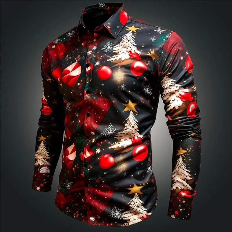 2024 Christmas Pattern Casual Men\'s Shirt Outdoor Streetwear Autumn and Winter Lapel Long Sleeve Fabric Soft Plus Size