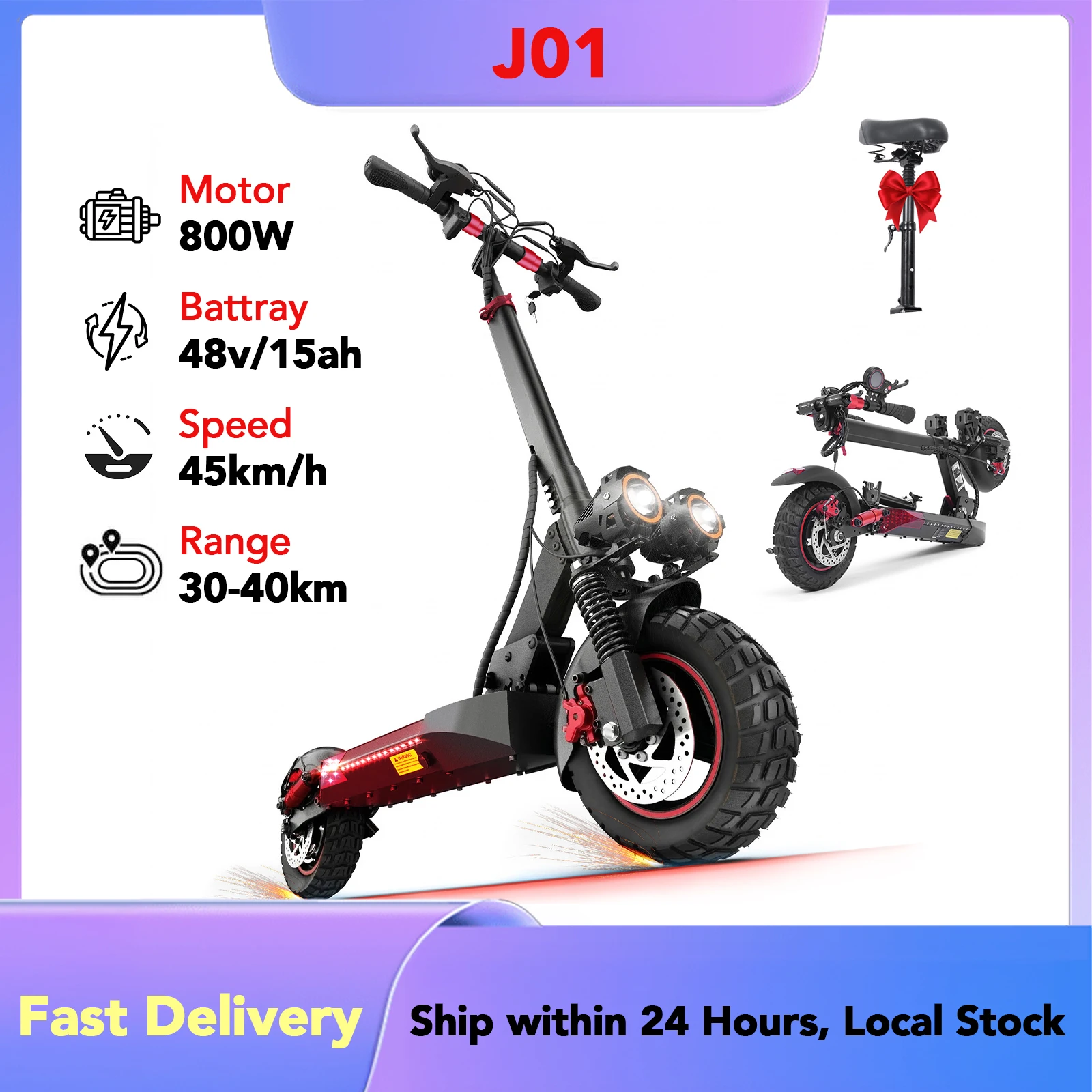 Trottinette électrique J01, moteur 800W, batterie 48V15AH avec siège, trottinette électrique pour adultes, 45KM/H, 35KM, pneus tout-terrain de 10 pouces, trottinettes pliables