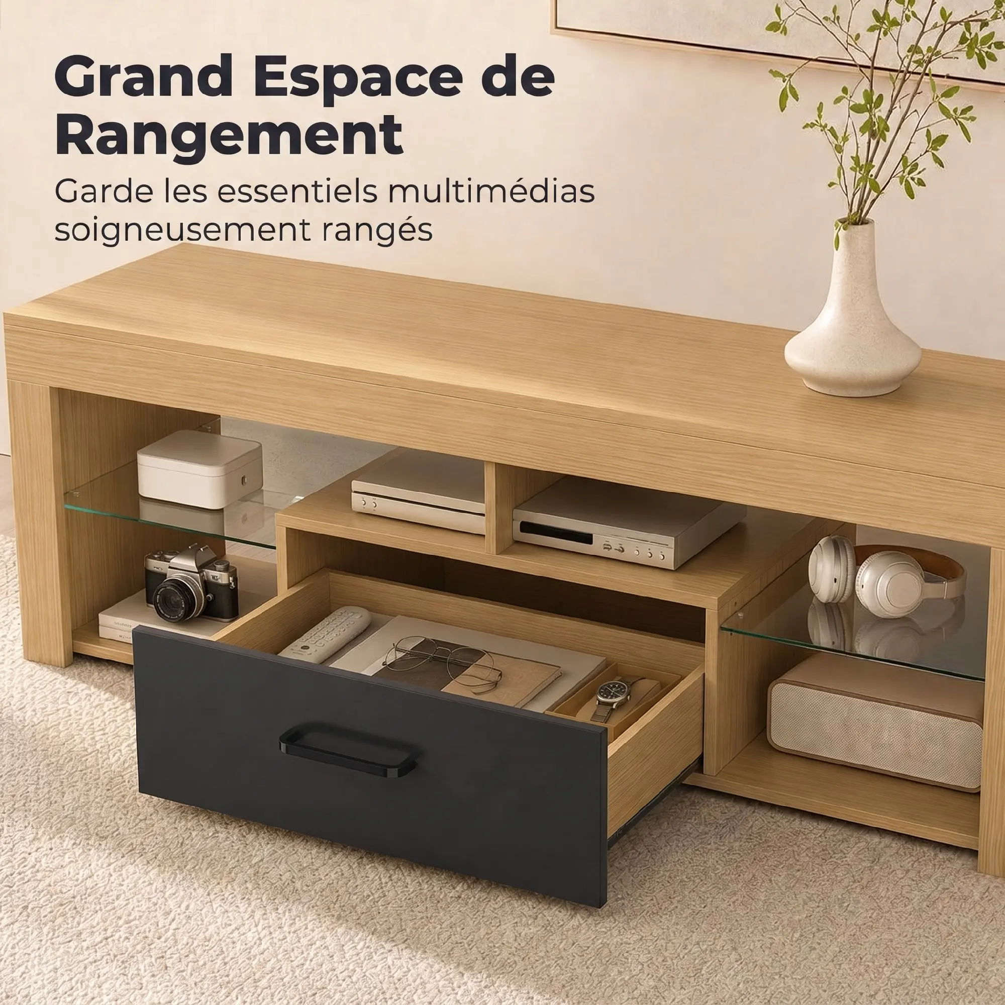 Soporte para TV con efecto madera, estantes de vidrio templado y cajón de almacenamiento, mesa consola multimedia moderna, centro de entretenimiento con exhibición abierta, mueble para TV para sala de estar y dormitorio, mueble para televisión de hasta 55 pulgadas