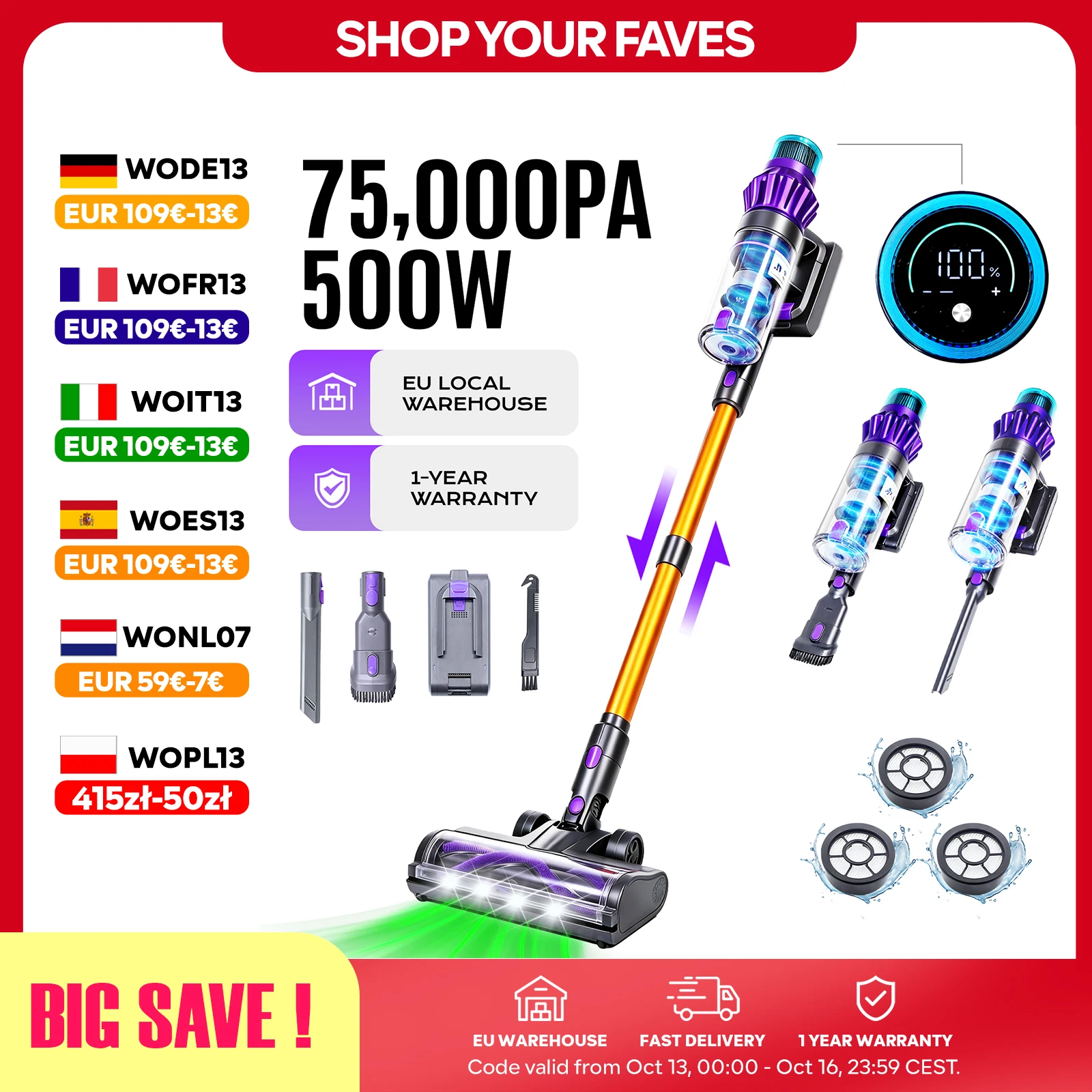 V16 500W 75Kpa Aspirateur sans Fil avec Écran Tactile, Mode Auto, Capteur de Poussière Infrarouge, Filtration HEPA 6 Étages, 60min Autonomie, Batterie Amovible, Écran LED pour Sol Dur, Moquette et Poils d'Animaux