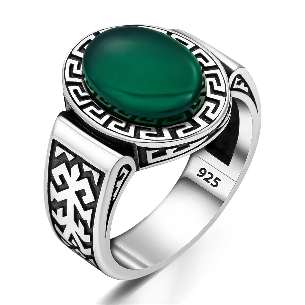 Elegant Solid 925 Sterling Silver Greek Design Oval  Green Agate(aqeeq) Stone Motif Men's Ring Accessory Handmade Jewelry Gift