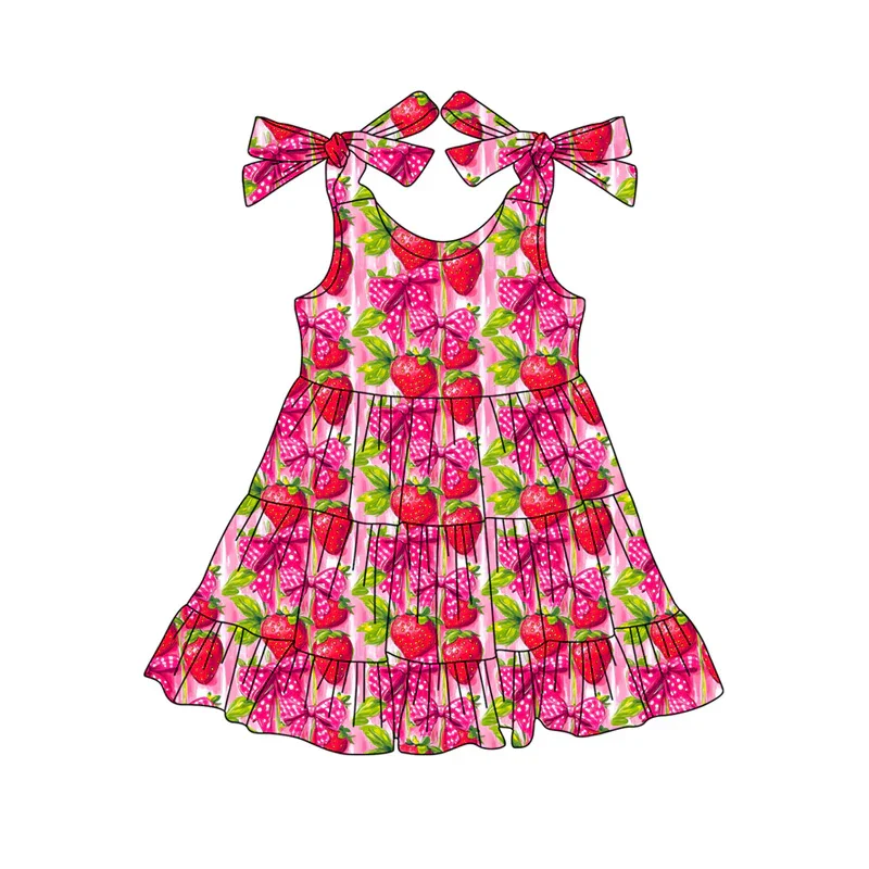Summer Boutique Children's 3-Piece Set Strawberry Bow Print Halter Shorts Baby Romper Dress for Girls