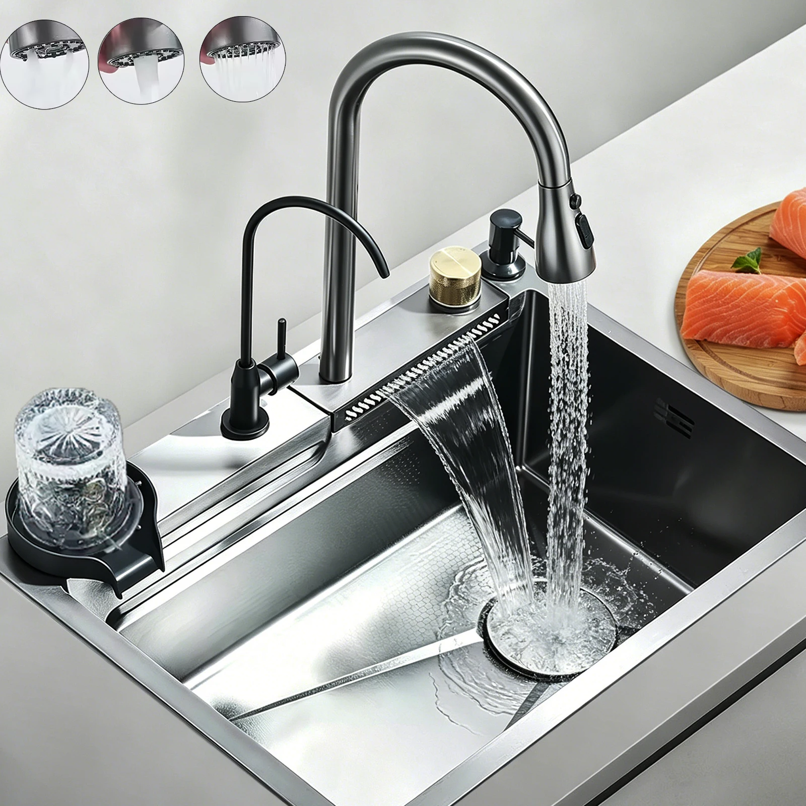 Évier de cuisine cascade en acier inoxydable, grand bac unique intégré 60x45cm, avec robinet, distributeur de savon et robinet d'eau pure pour hôtels/restaurants/maisons
