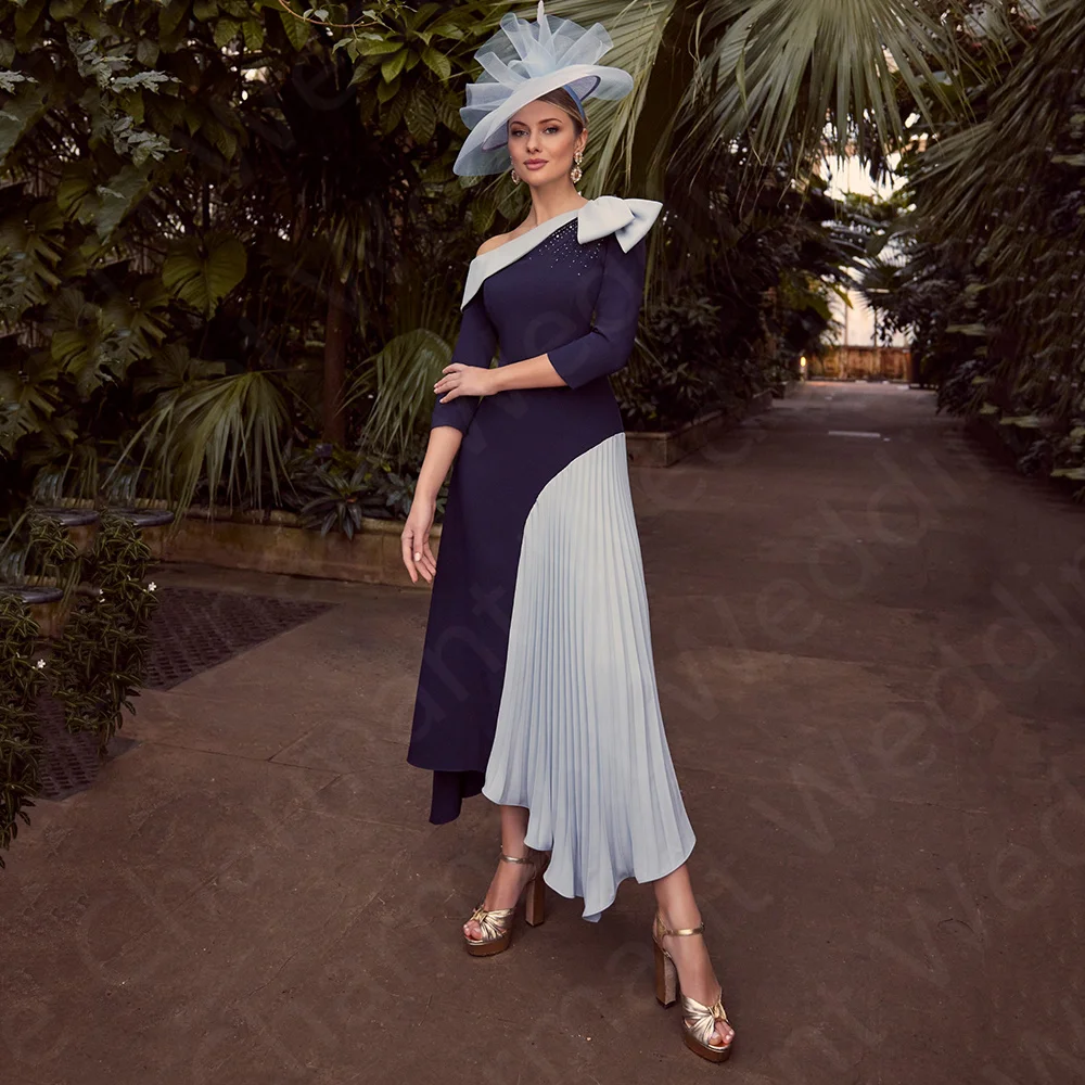 

Charming Navy Mother of the Bride Dresses Contrast Color Mother Gowns 2024 Ankle Length Wedding Party Dresses 3/4 Sleeves Bow