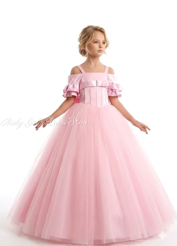 Pink Satin Tulle Off-Shoulder Flower Girl Dress Floor Length First Communion Gown Wedding Party Outfit فساتين اطفال سهرة بن