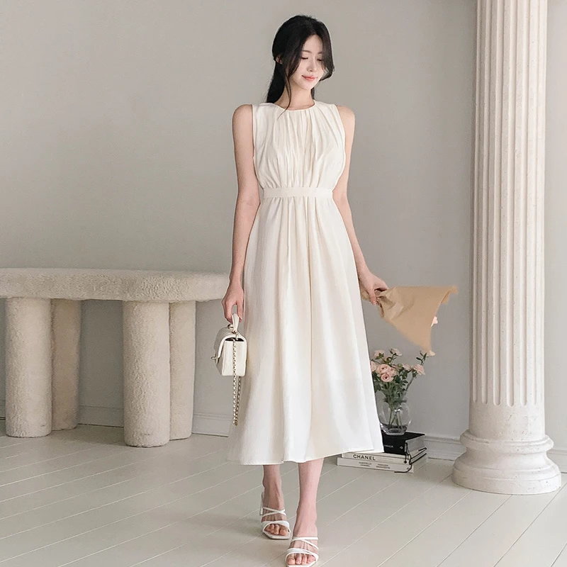 Korean style pleat shirling strap sleevless nasy long dress