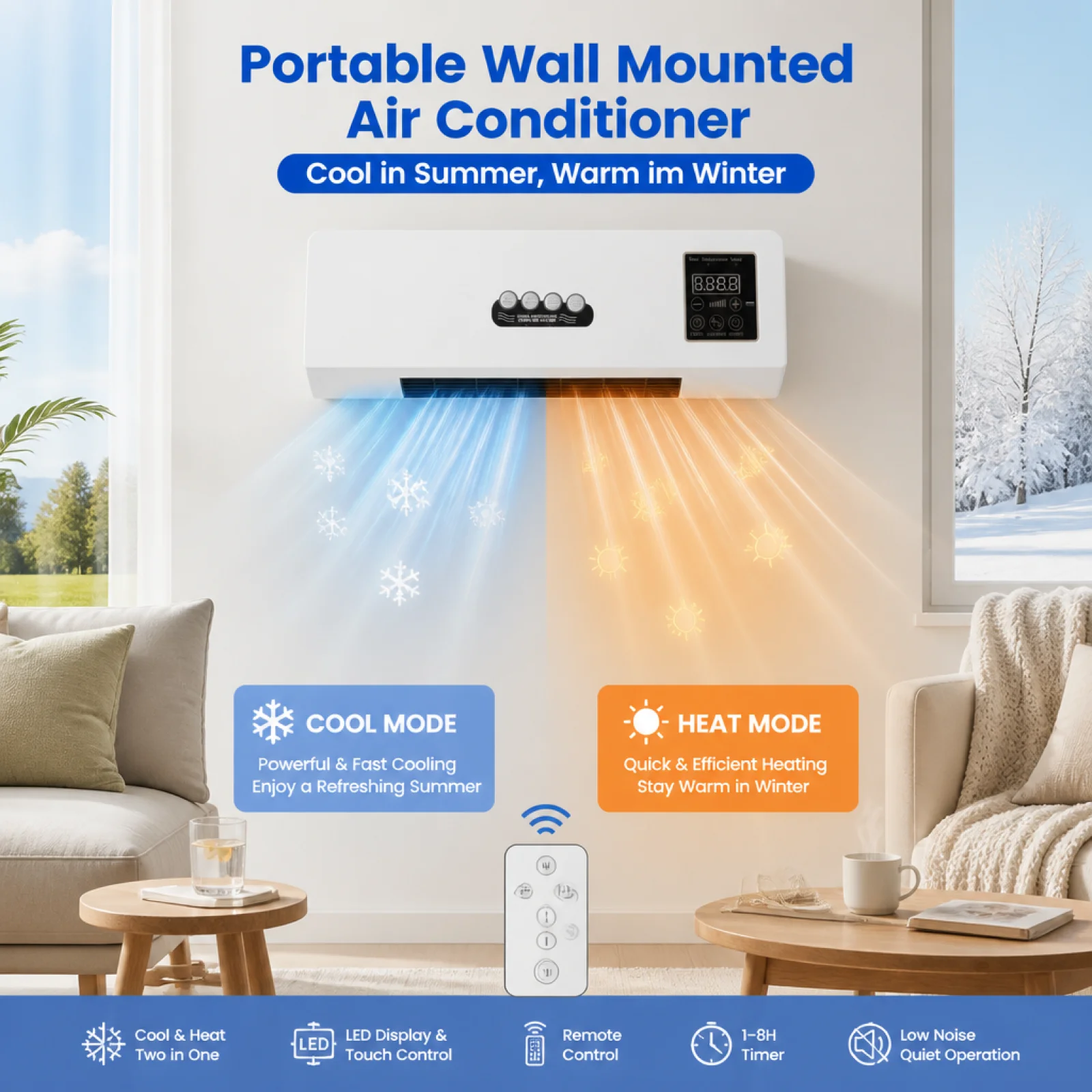 

Heater and Air Conditioners 2-in-1 Wall-Installed Heater Chilling Unit PTC Fast Heating Portable Mini Cooling Unit for Bedroom