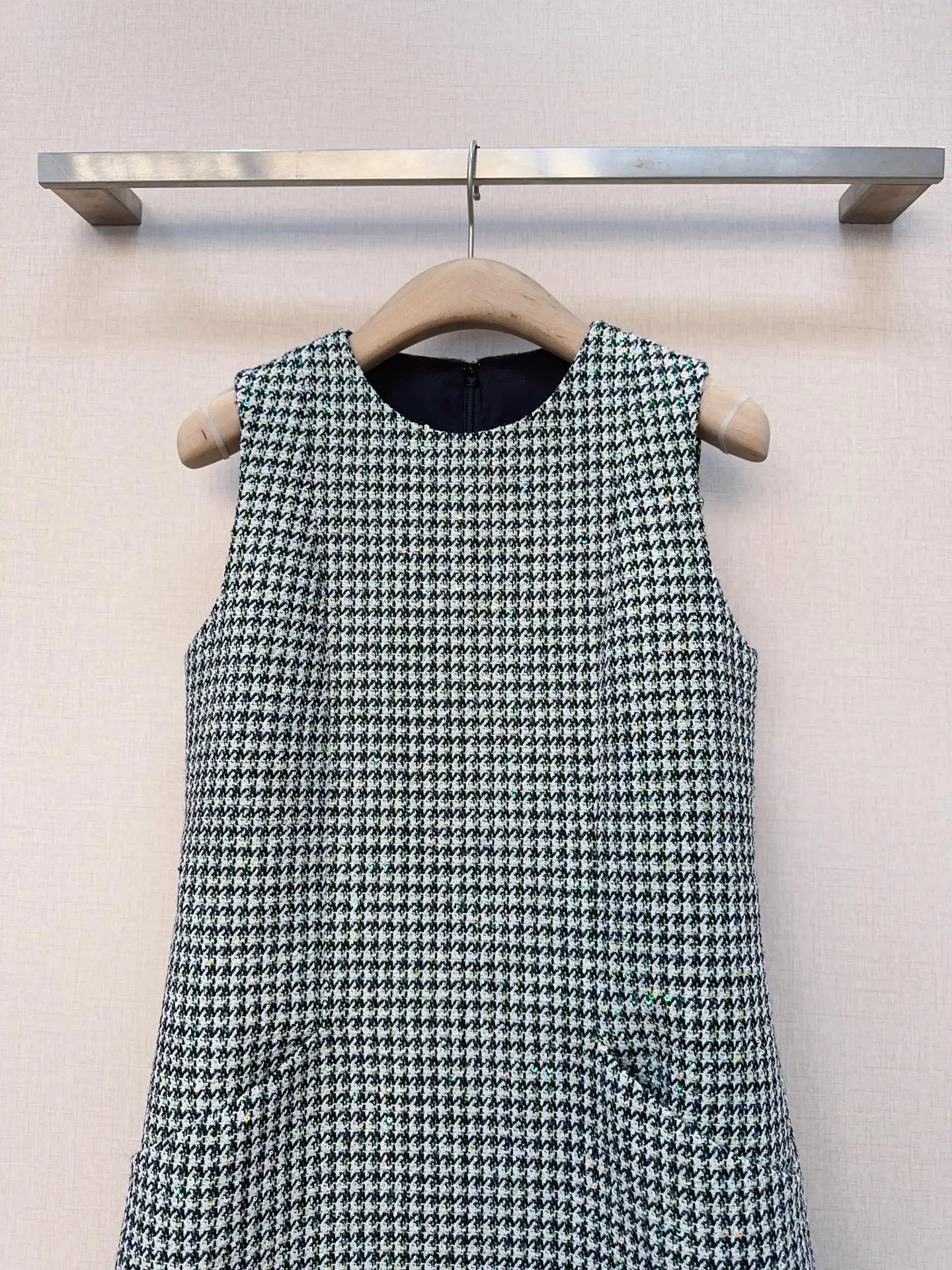 Women Office Lady New Fashion Brief Daily Autumn Wool Tweed Houndtooth Sleeveless Casual Round Collar Party A-line Short Dress