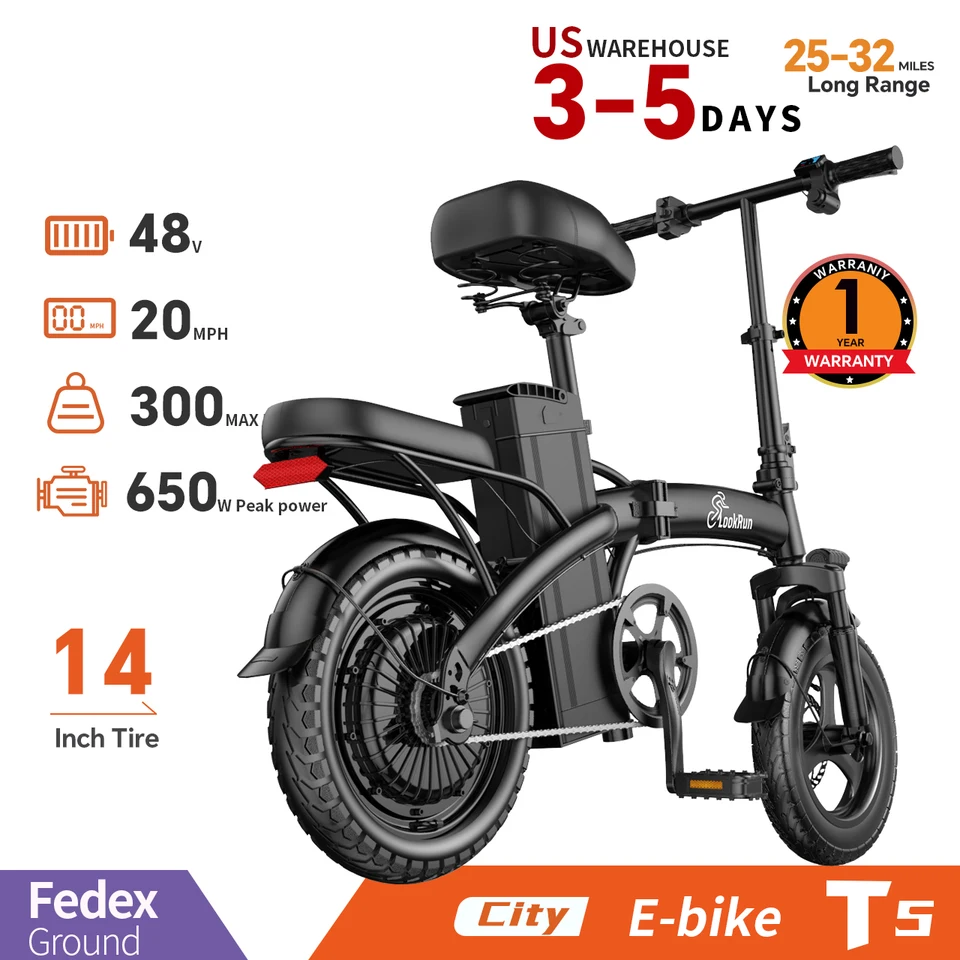 Folding Electric Bike,48V15AH Speed Over 20 MPH, 650W Adult Electric Bicycle with 14-inch Fat Tires, Max Range 20 Miles image 3