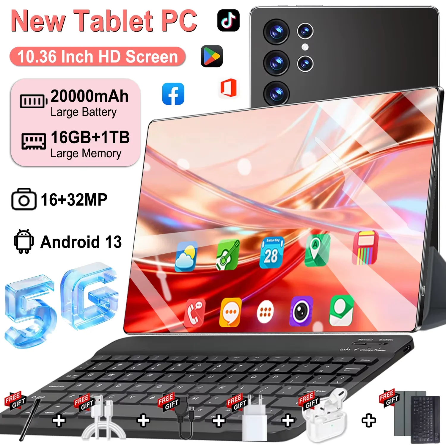 Tablette 5G 10,36 pouces 2026 Android 16 Go RAM 1 To ROM 16MP 32MP Android 13.0 20000 mAh 14 cœurs Double SIM Bluetooth WiFi GPS