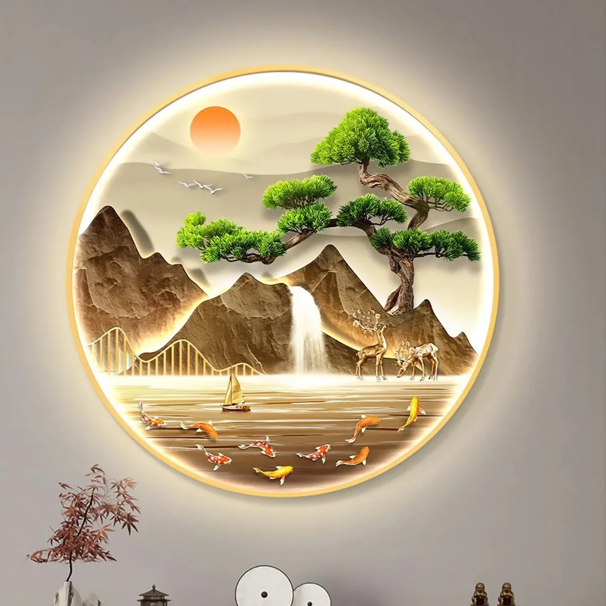 Entrance Foyer Decor Painting High Mountains Landscape Wall Light Circular Scenic Neon Sign Office Home Wall Decor