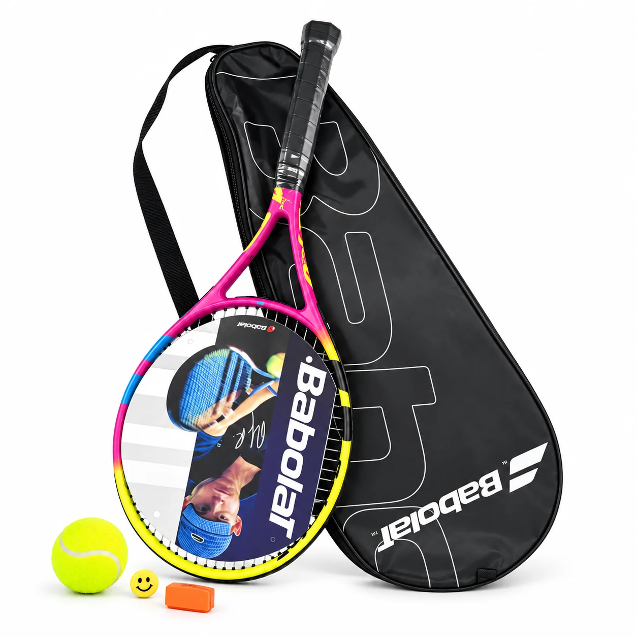 Set di racchette da tennis Babolat, in rosa e giallo, con custodia e pallina, ideale per allenamenti, esercizi e partite ricreative.