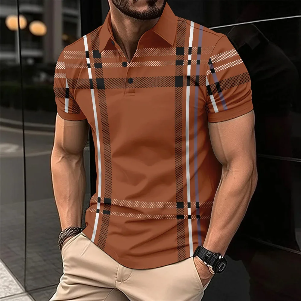 Fashion Business Stripe Print Polo Shirt Summer Short Sleeve T-Shirt Line Pattern Top Casual Men\'s Polo Shirt Large Size Clothes