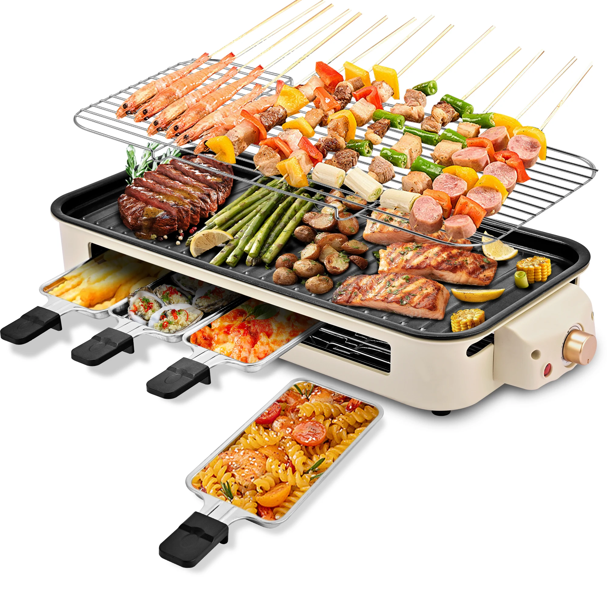 Parrilla eléctrica de mesa para barbacoa, raclette de queso para 4 personas, superficie antiadherente, control de temperatura, apta para lavavajillas.