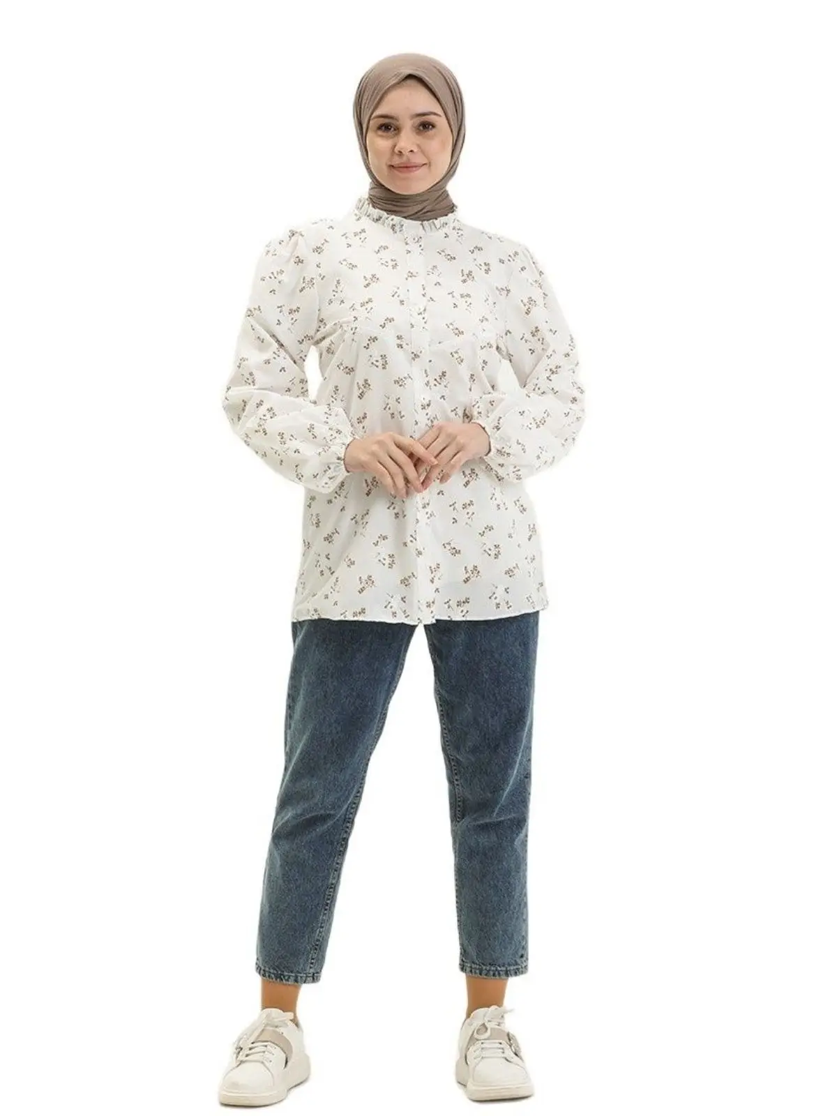 Chemise à motif floral avec col à volants pour femmes musulmanes, manches longues, boutons transportés, mode turque, arabe, islamique, 4 saisons