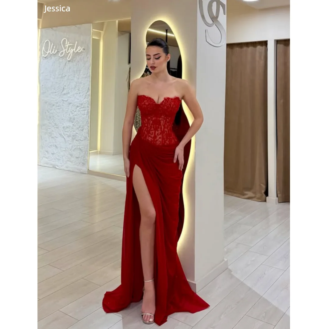 

Jessica Sexy Off-the-Shoulder Evening Dresses Lace Embroidery Prom Dresses Slim-Fit, Ruched, Side-Slit Party Dresses