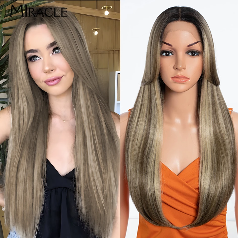 MIRACLE Synthetic Lace Front Wig for Women Straight Lace Wigs With Bangs Heat Resistant Blonde Cosplay Wigs Fiber Fake Hair